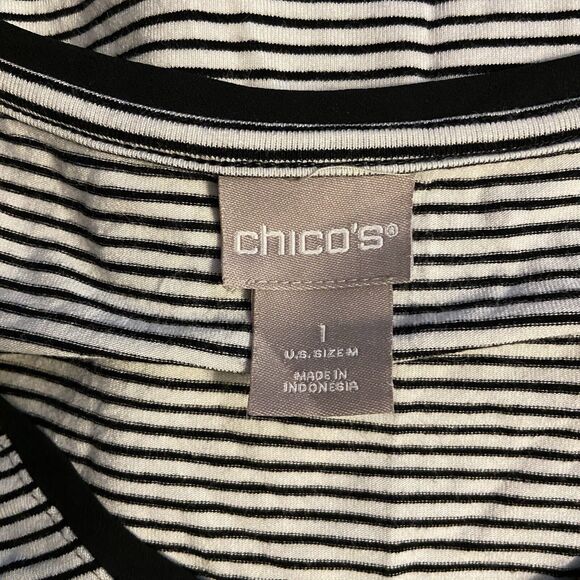 Chico's 1 (US M) Striped Woven-Hem Top Tunic V-Neck White Black Long Sleeves - Picture 5 of 7